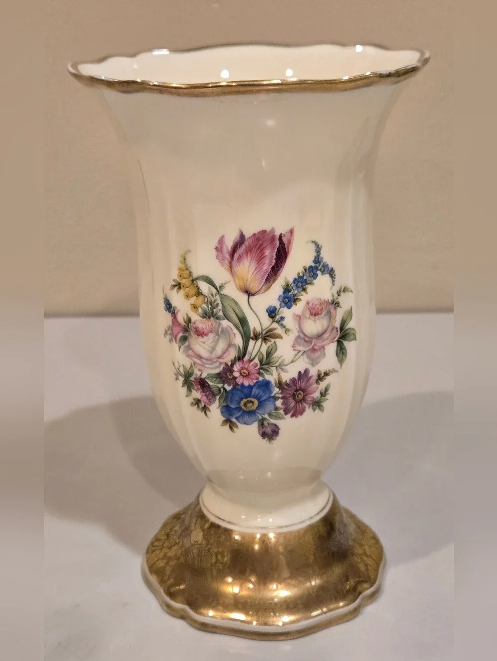 Antique 1930s Rosenthal Porcelain Floral Pedestal Vase Cream with Gold Trim